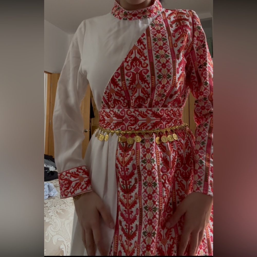 Red & White Palestinian Tatreez Embroidered Thobe Dress w/ Gold coin belt